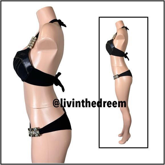 Beach Bunny Black Panthera Crystal Accents and Scrunch Bottom XL/M Set $300 - Picture 5 of 14